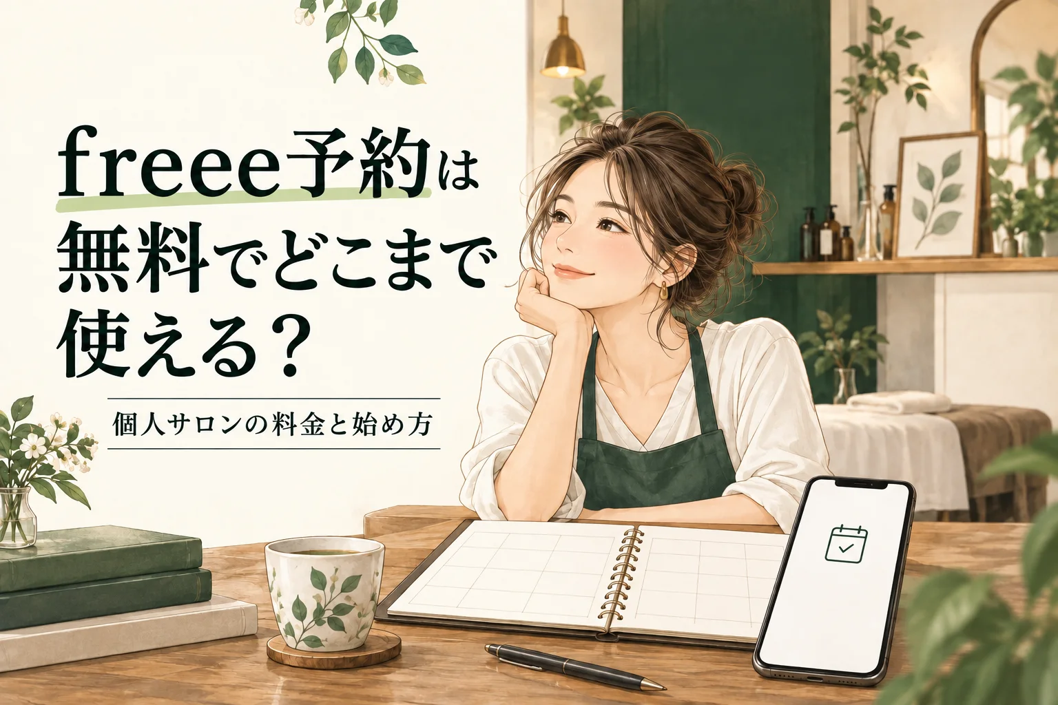 freee予約は無料でどこまで使える?個人サロンの料金と始め方。サロンのオーナーと予約手帳、スマートフォン。