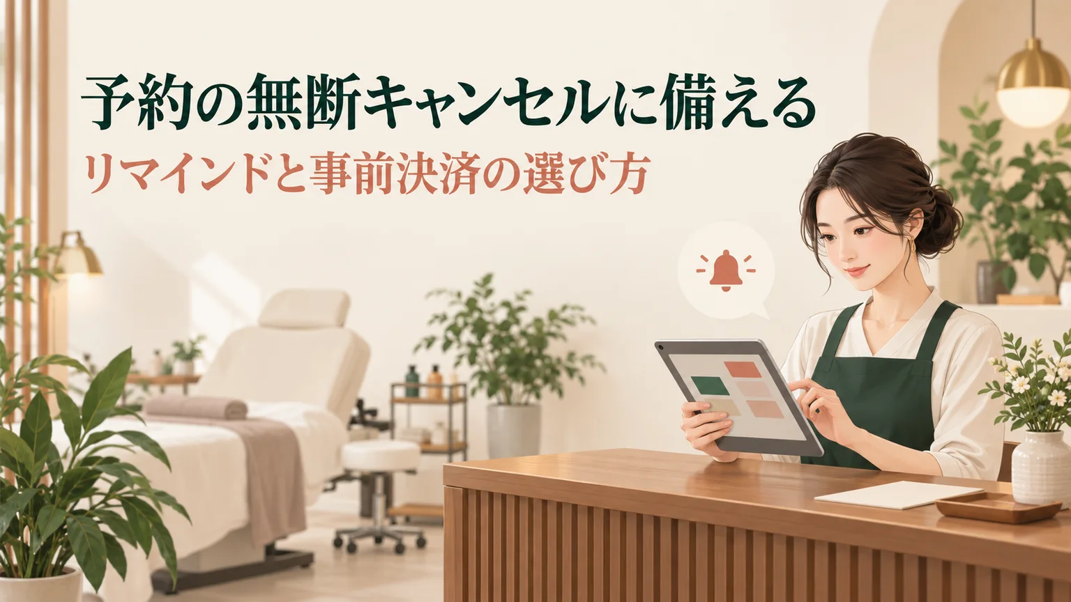 予約の無断キャンセルに備える。リマインドと事前決済の選び方。サロンで予約を確認する店主のイメージ。