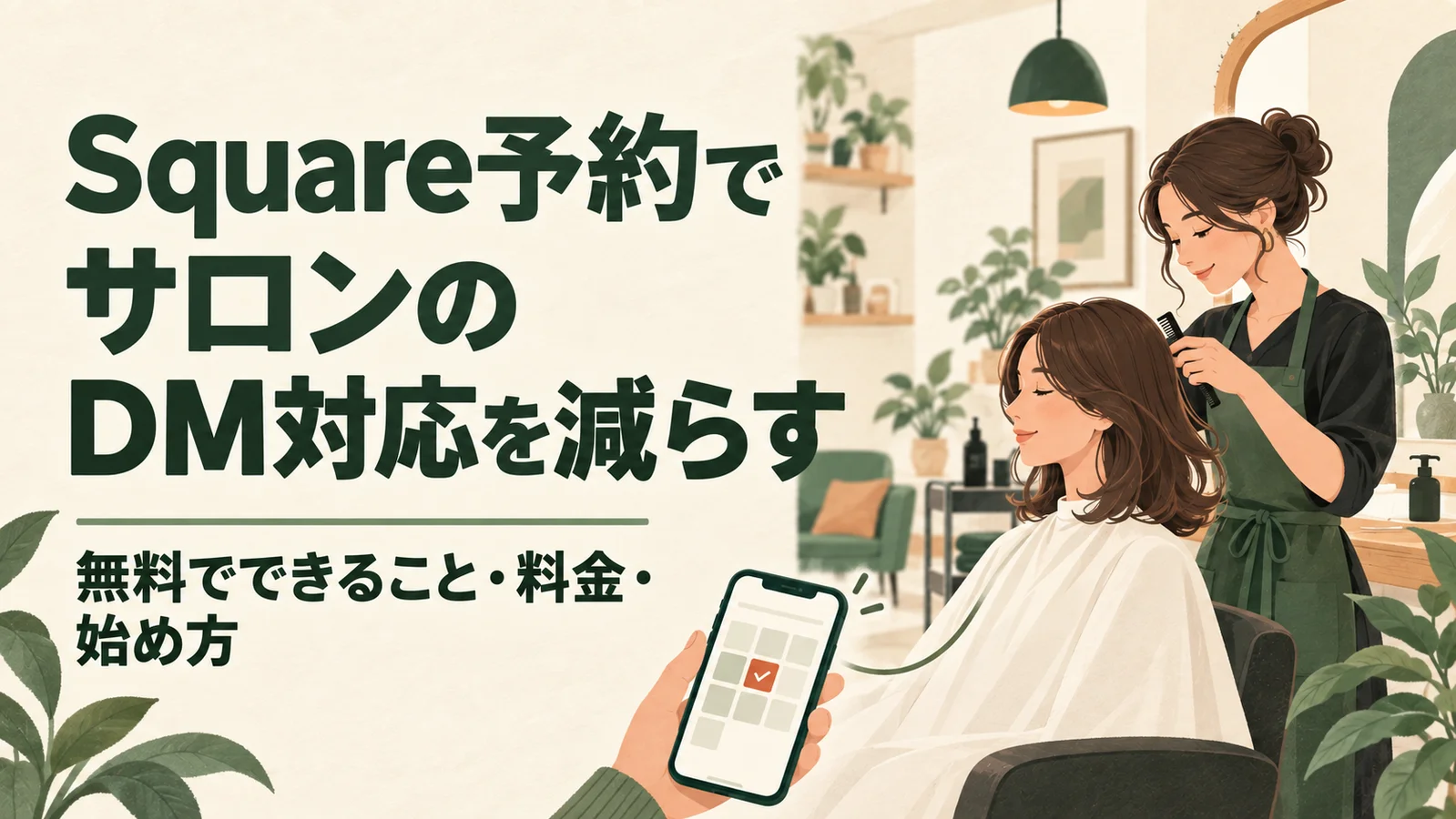 Square予約でサロンのDM対応を減らす。無料でできること・料金・始め方。施術するスタッフとスマホ予約のイラスト。
