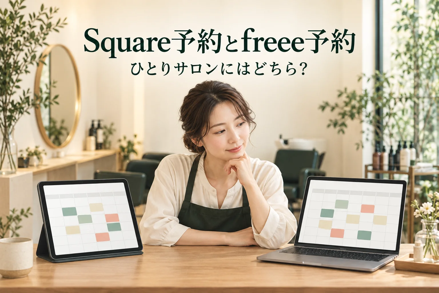 Square予約とfreee予約。ひとりサロンにはどちら？サロンの机に並ぶ予約カレンダーのイラスト。
