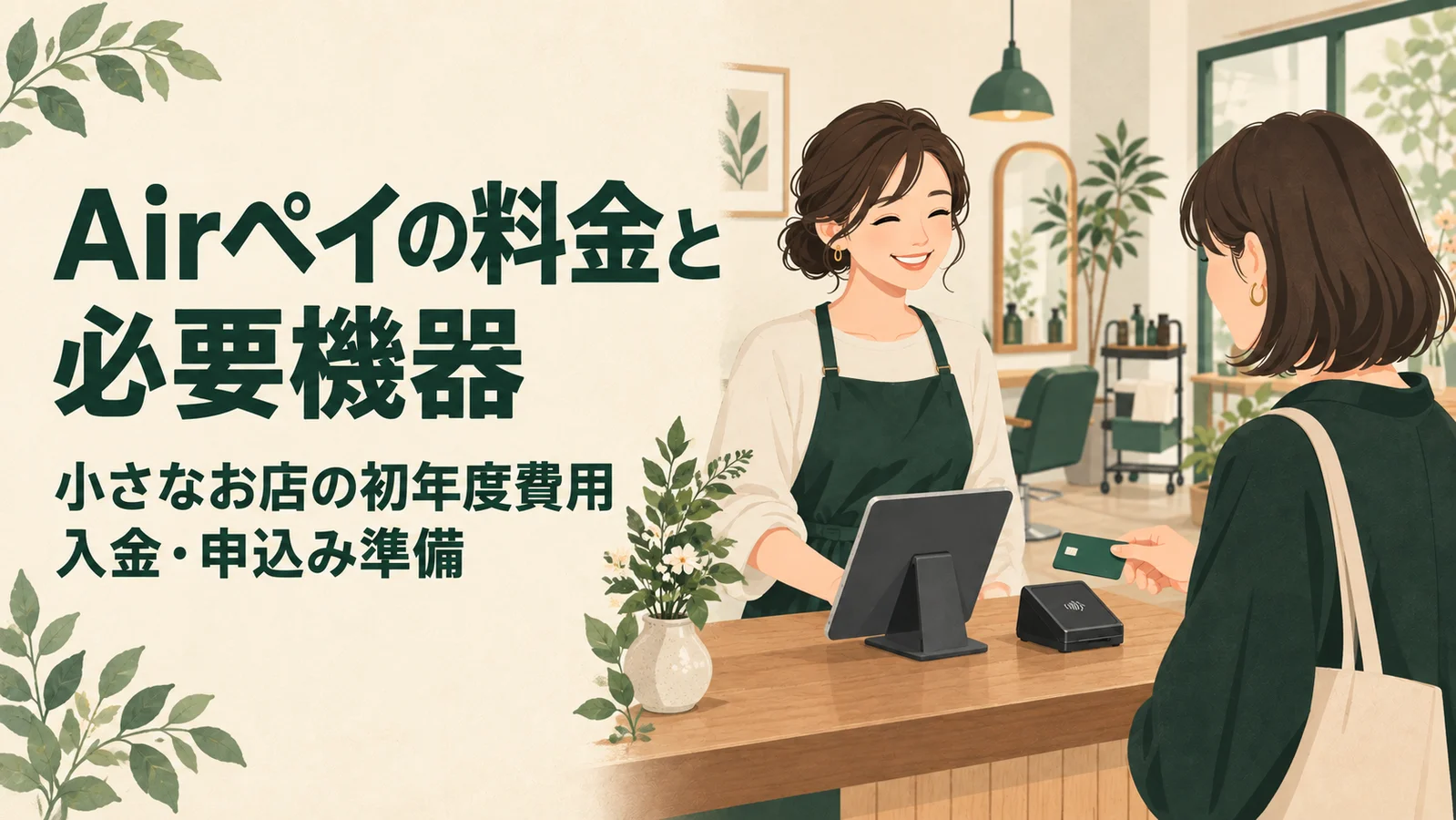 Airペイの料金と必要機器。小さなお店の初年度費用・入金・申込み準備。タブレットとカードリーダーを使う会計のイラスト。