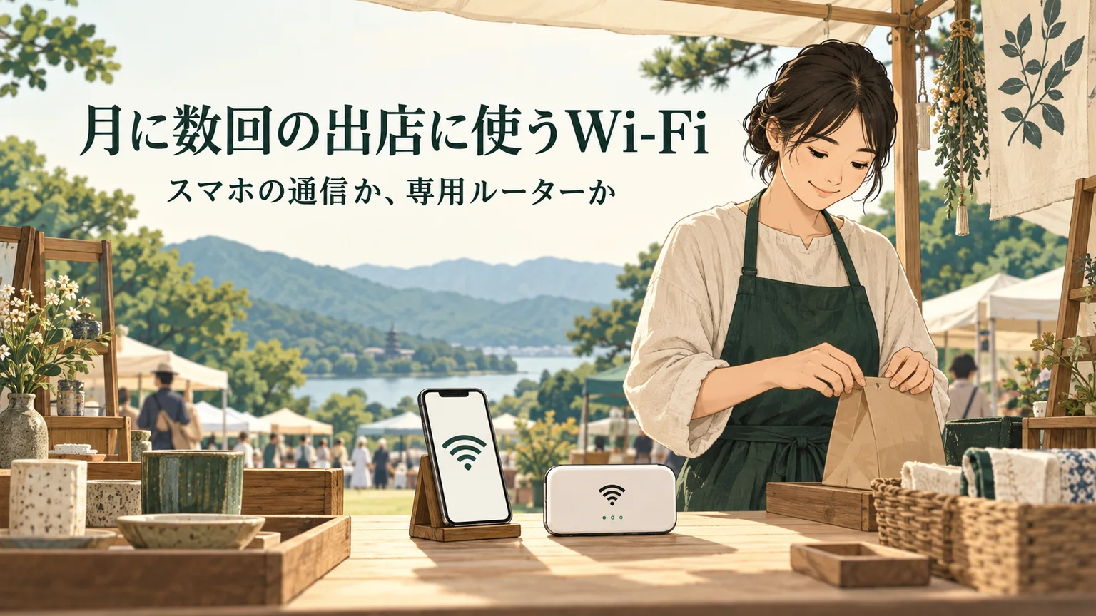 月に数回の出店に使うWi-Fi。スマホの通信か、専用ルーターか。屋外の売り場と通信機器のイラスト。