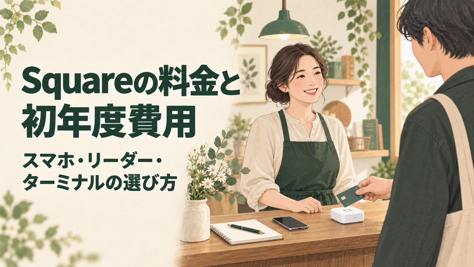 Squareの料金と初年度費用。スマホ・リーダー・ターミナルの選び方。小さな店でカード決済を受け付けるイラスト。