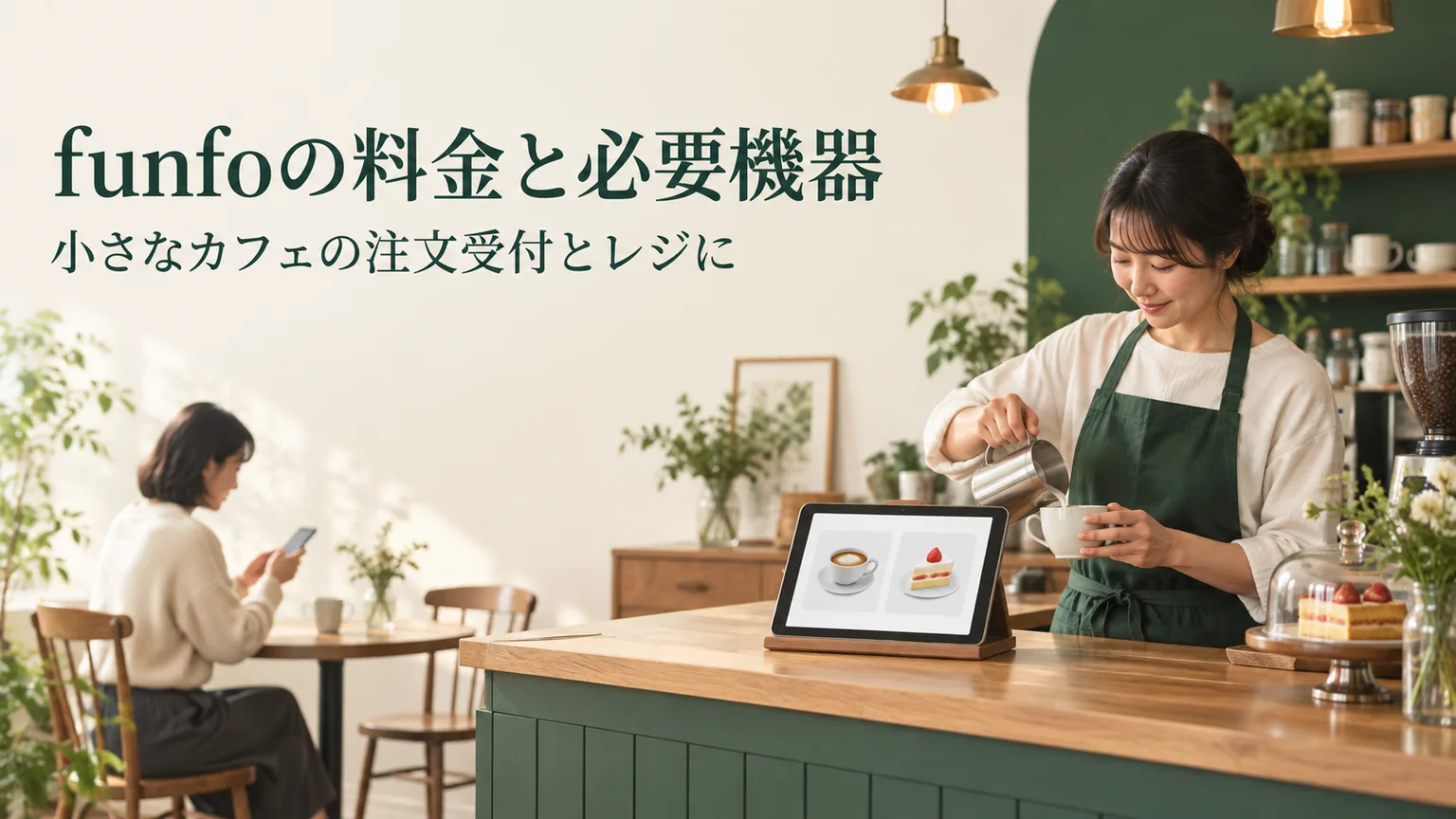 funfoの料金と必要機器。小さなカフェの注文受付とレジに。カフェのカウンターとタブレットのイメージ。