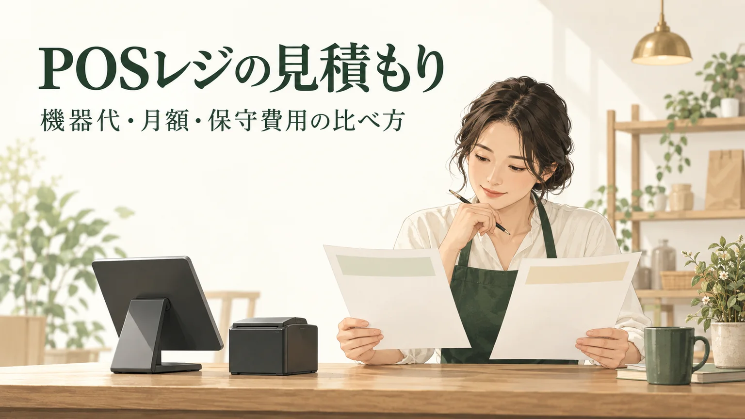 POSレジの見積もり。機器代・月額・保守費用の比べ方。店主が書類とレジの構成を確認するイメージ。
