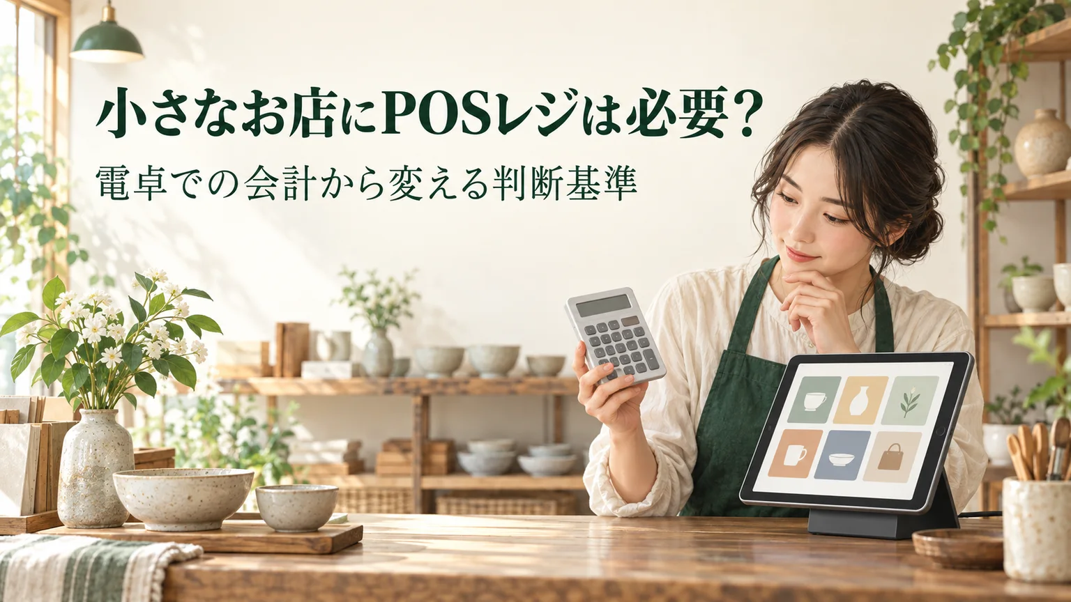 小さなお店にPOSレジは必要?電卓での会計から変える判断基準。店主がカウンターで会計方法を考えるイラスト。