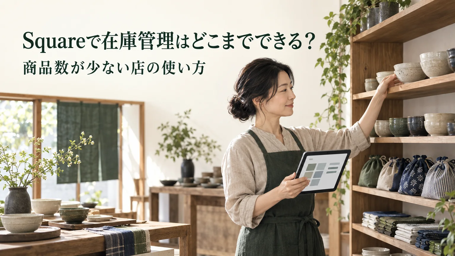 Squareで在庫管理はどこまでできる？商品数が少ない店の使い方。店主が商品棚の在庫を確認するイラスト。