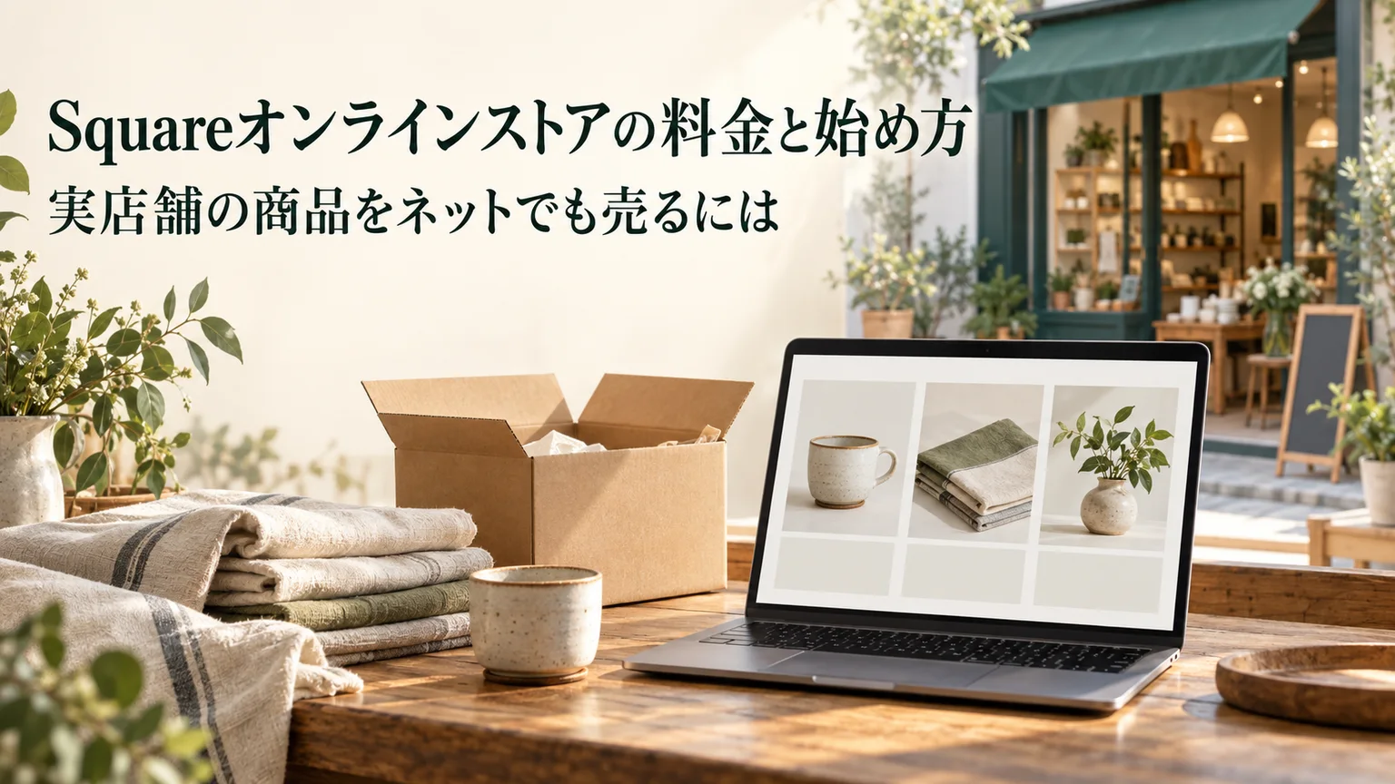 Squareオンラインストアの料金と始め方。実店舗の商品をネットでも売るには。商品と梱包箱、パソコンを並べたイラスト。
