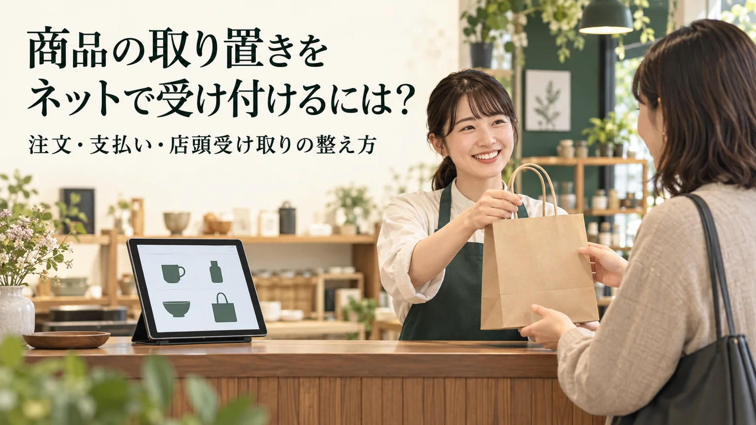 商品の取り置きをネットで受け付けるには？注文・支払い・店頭受け取りの整え方。店主が注文品を手渡すイラスト。